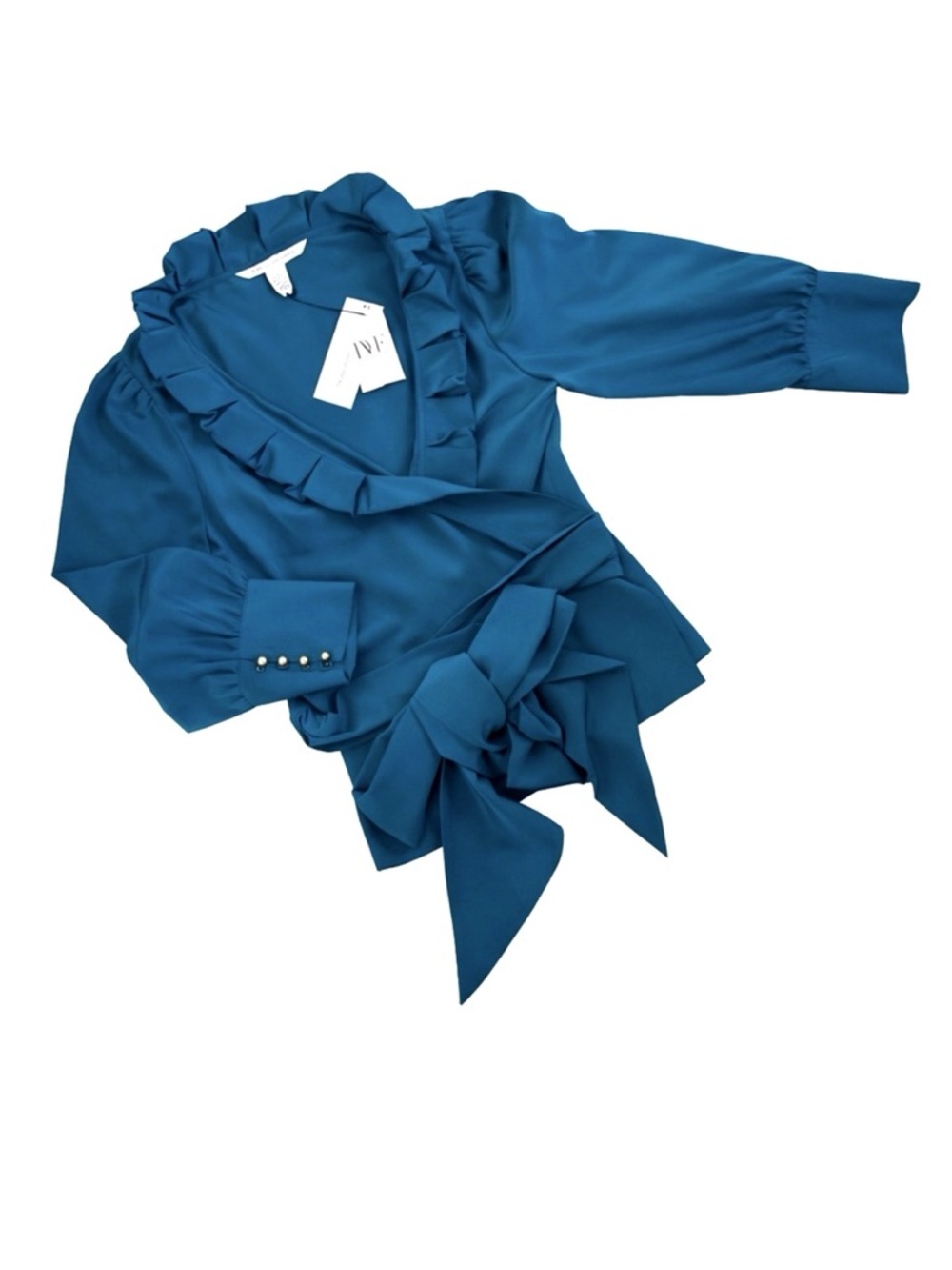 Diane von Furstenberg (DVF) 100% Silk Ruffle Wrap Top Teal Blue Size 10 NWT